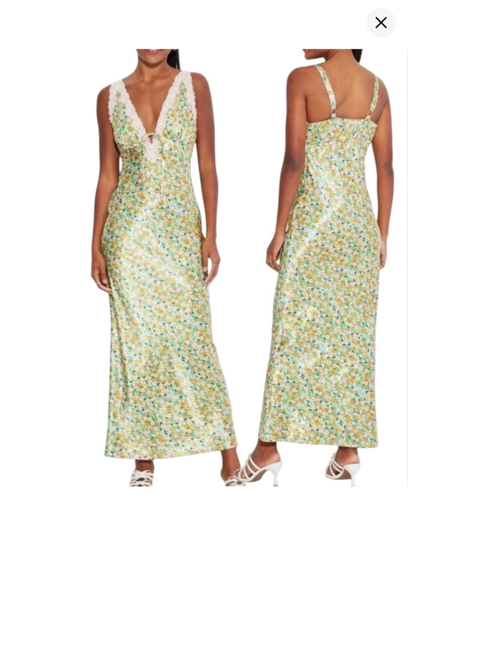 wild fable Yellow & Green Floral Lace-Trim Maxi Slip Dress